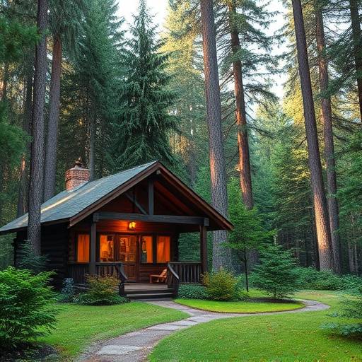 A cozy, rustic cabin nestled deep within a lush forest, surrounded by towering trees and a peaceful atmosphere.