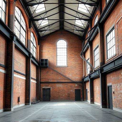 A vast industrial factory interior with exposed brick, high ceilings, and natural light streaming through large windows.