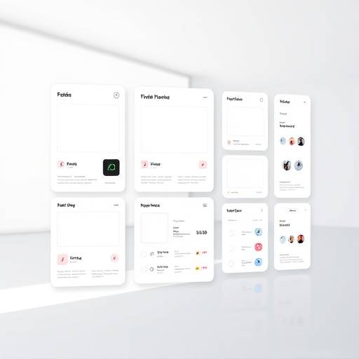 Display showing a user interface design with wireframes and mockups.