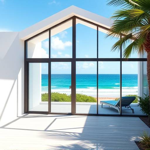 Exterior view of a modern beach house with large windows overlooking the ocean.