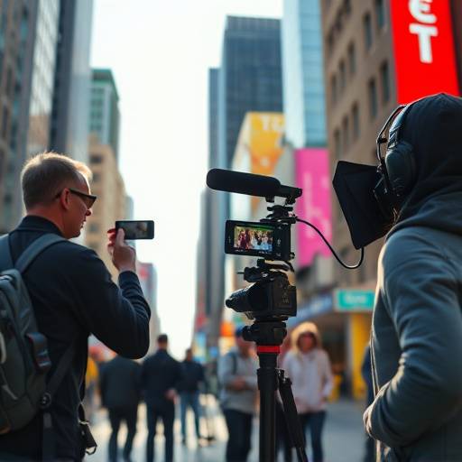 Film crew shooting a scene in a vibrant urban setting, representing a successful location scouting project.