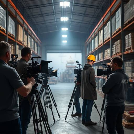 Film crew working on a movie set inside a warehouse.